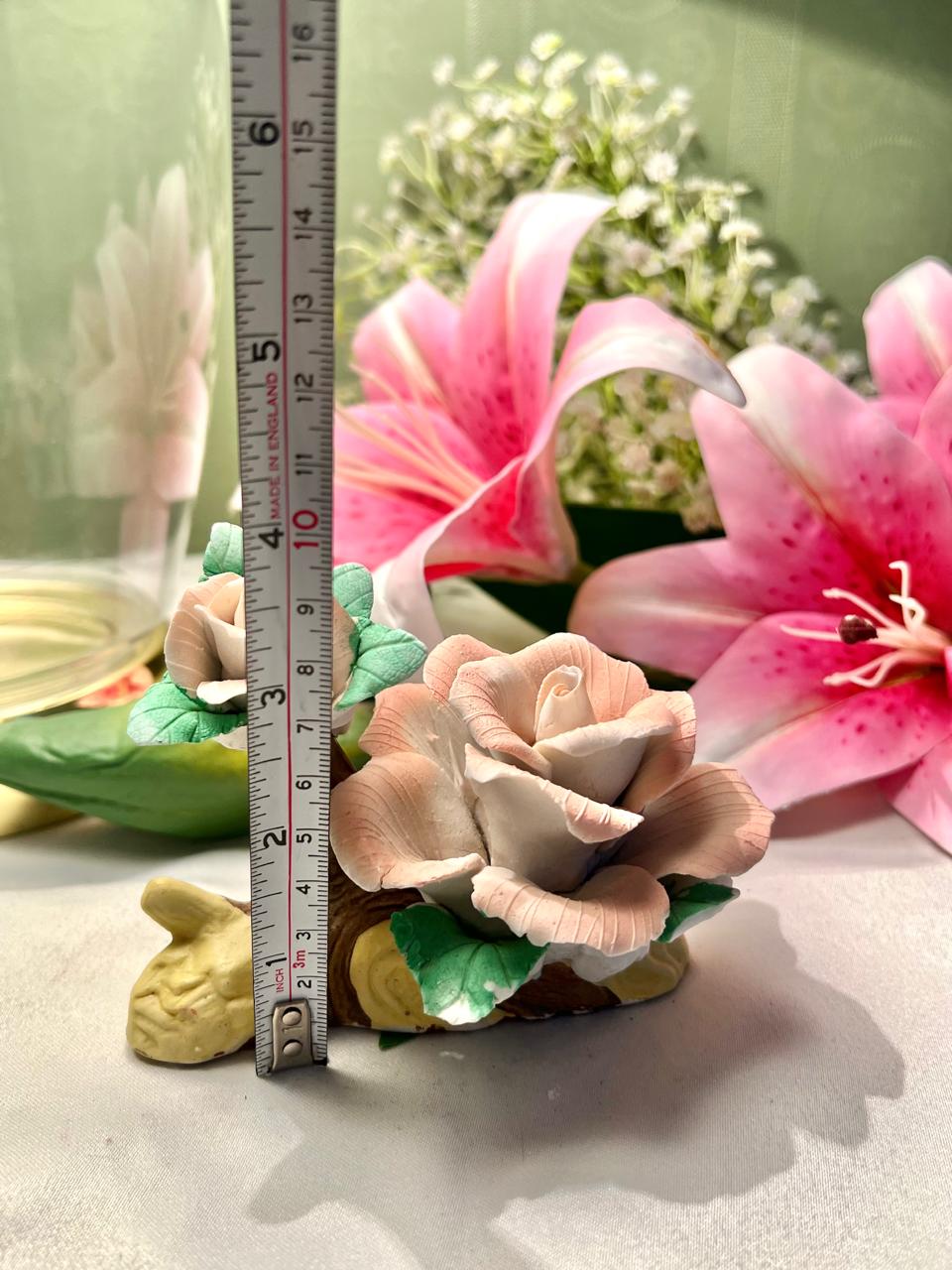 Vintage Ceramic Rose Flower Ornament Pink & Green 4 Inch