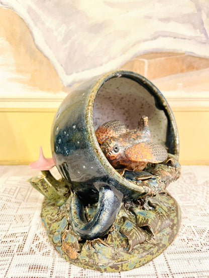 Vintage Bird in a Cup Ceramic Figurine - Handcrafted Nature-inspired Art