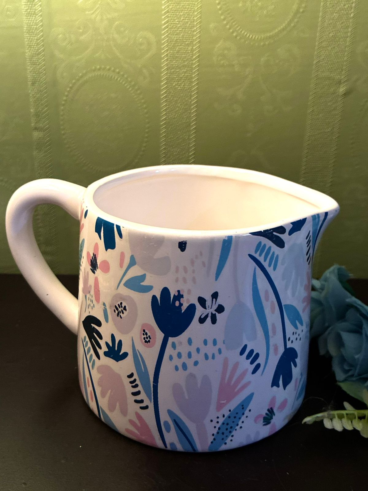 Modern Floral Ceramic Jug Pastel Blue Pink Pitcher