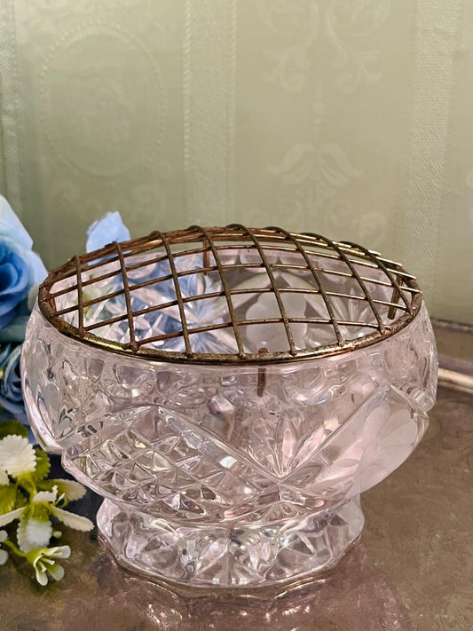 Vintage Cut Crystal Flower Bowl with Metal Grid 13 cm