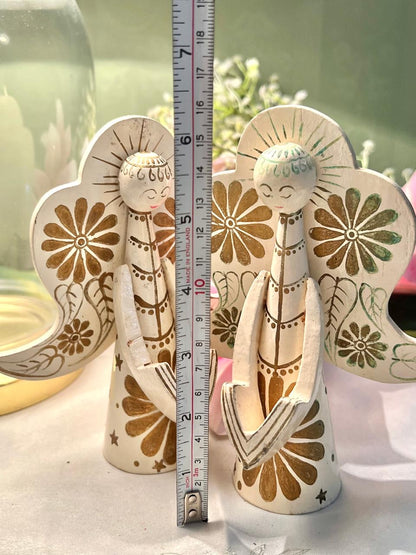 Pair of Floral Angel Figurines Cream & Gold 15cm