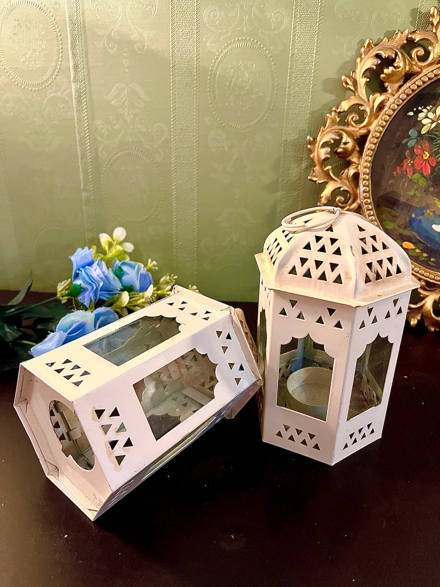 Pair of White Metal Moroccan Lantern Tealight Holders