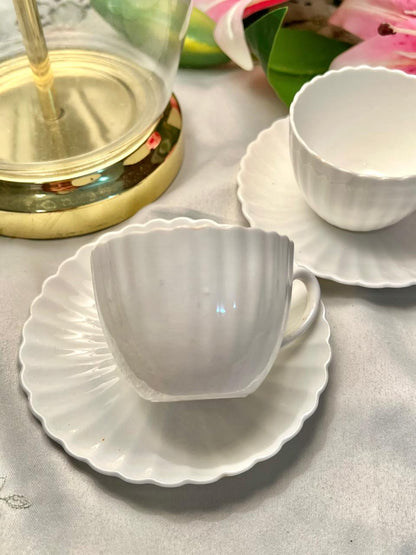 White Scalloped Ceramic Tea Cups & Saucers – Set of 4