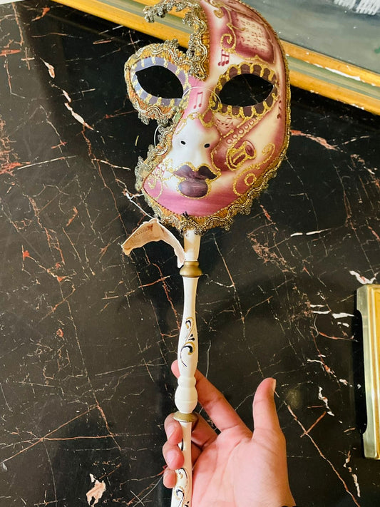 Venetian mask, Masquerade mask, Italy décor, Carnival mask, Wall decor, Vintage mask, Venetian carnival, Pink gold mask, Collectible décor, Hand painted mask, Mounted mask, Dramatic wall art, Theatre prop, Costume décor, Baroque style, Opera décor, Lace mask, Music theme décor, Gift for her, Home gallery wall, Unique decorative mask
