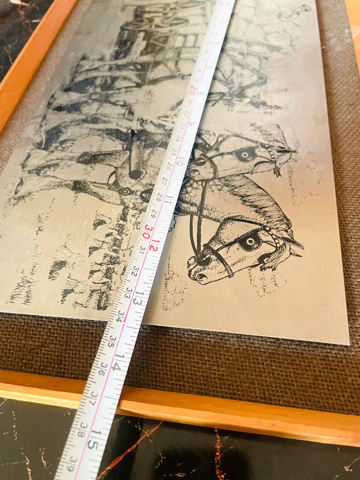 Vintage Horse & Cart Engraved Metal Art – Framed Farm Scene (England)