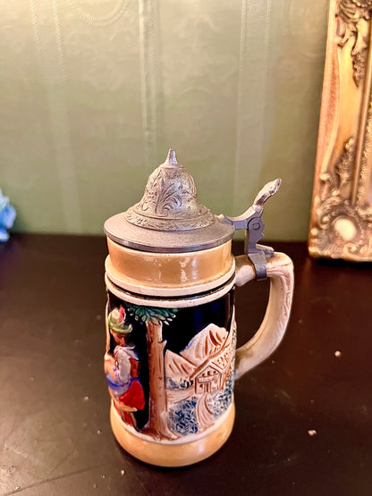 Vintage German Beer Stein with Pewter Lid | Alpine Relief Stoneware Lidded Mug | Collectible Stein