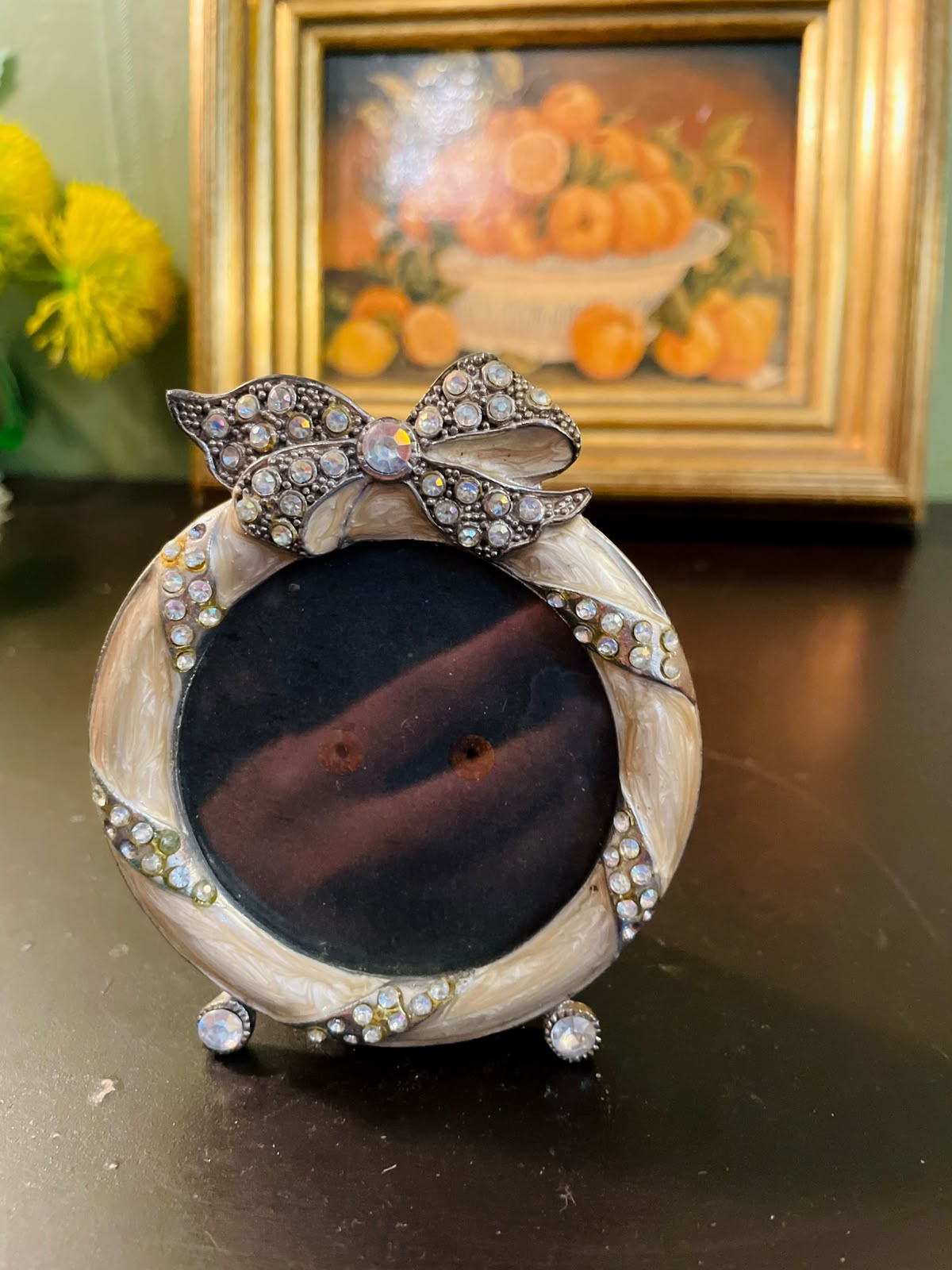 Vintage Jeweled Round Photo Frame 3.5 Inch Rhinestone Bow Picture Frame