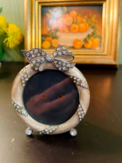 Vintage Jeweled Round Photo Frame 3.5 Inch Rhinestone Bow Picture Frame