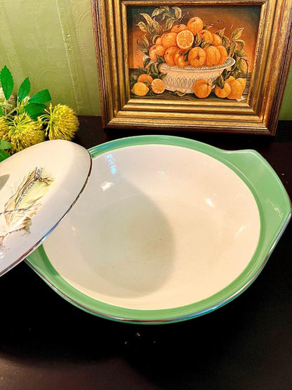 Vintage Covered Serving Dish with Lid Green Trim 22cm