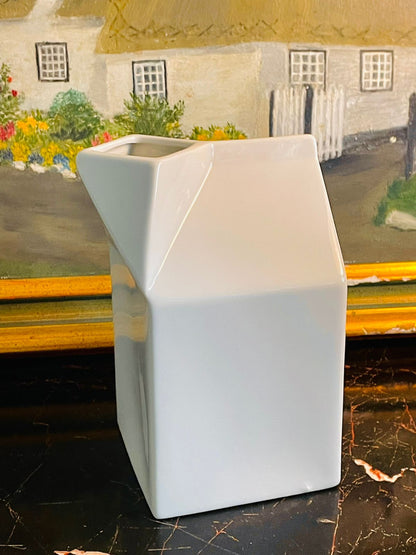 next ceramic jug, milk carton vase, modern kitchen decor, minimalist home styling, aesthetic ceramic vase, quirky milk jug, white decorative vase, modern home accessories, microwave safe jug, dishwasher safe tableware