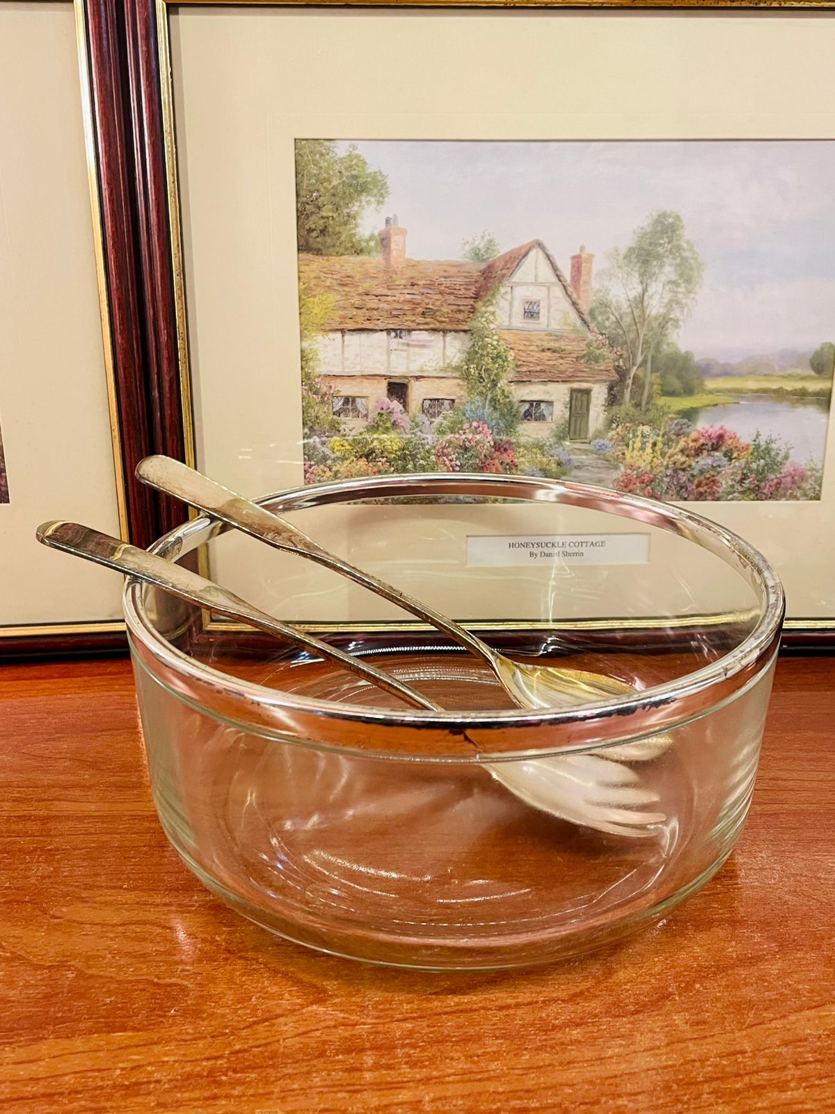 Glass Salad Bowl with Chrome Rim & Silver Plated Servers – 20cm Clear Serving Bowl