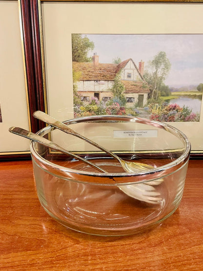 Glass Salad Bowl with Chrome Rim & Silver Plated Servers – 20cm Clear Serving Bowl