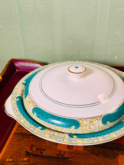 Royal Swan Turquoise & Gold Covered Serving Bowl 10"