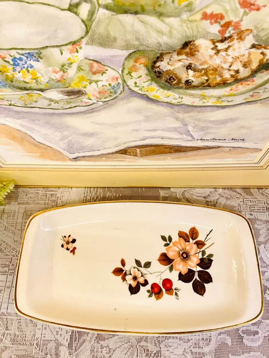 Vintage Floral Porcelain Serving Tray with Gold Trim