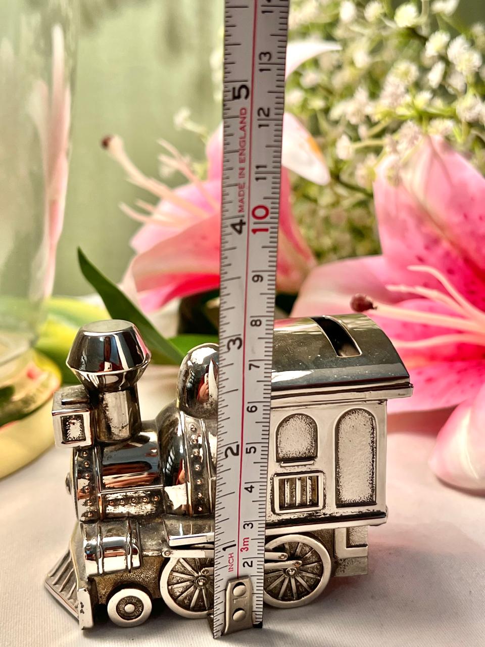 Vintage Silver-Tone Train Coin Bank Miniature Approx. 8cm