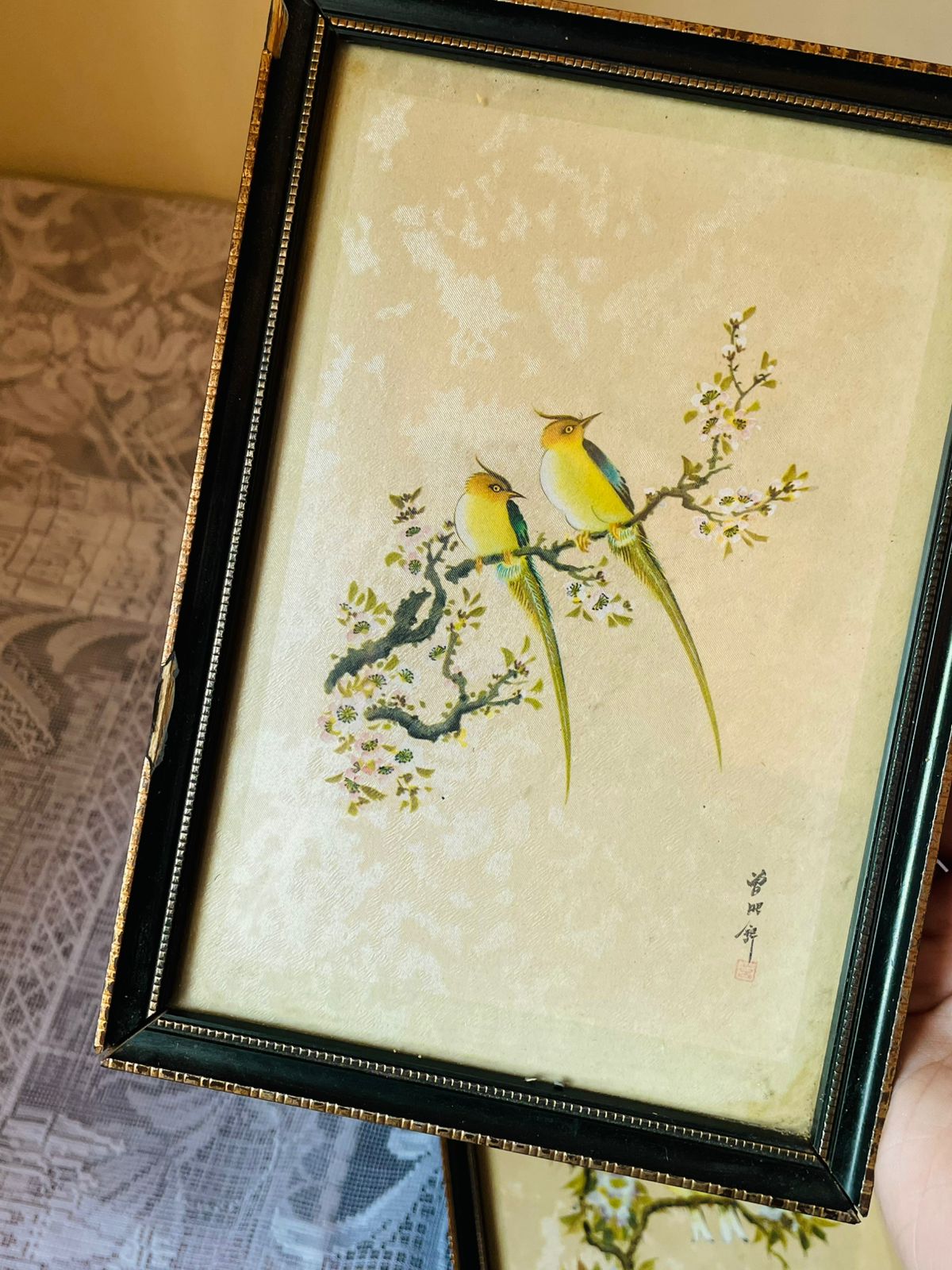 Set of 2 Asian Bird Art Paintings – Black Gold Framed Wall Décor