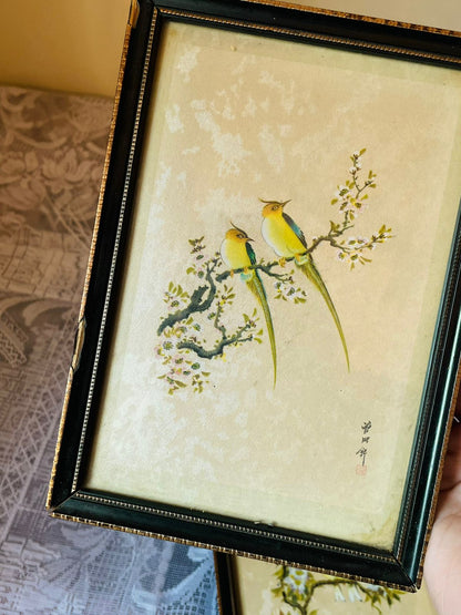 Set of 2 Asian Bird Art Paintings – Black Gold Framed Wall Décor