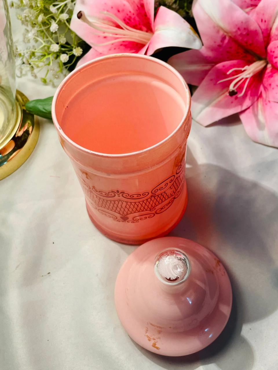 Pink Crystal Lidded Canister with Scroll Design 8 in
