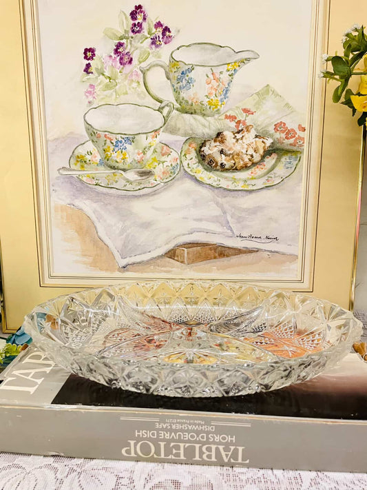 Vintage Large Crystal Cut Divided Serving Platter – Starburst Design