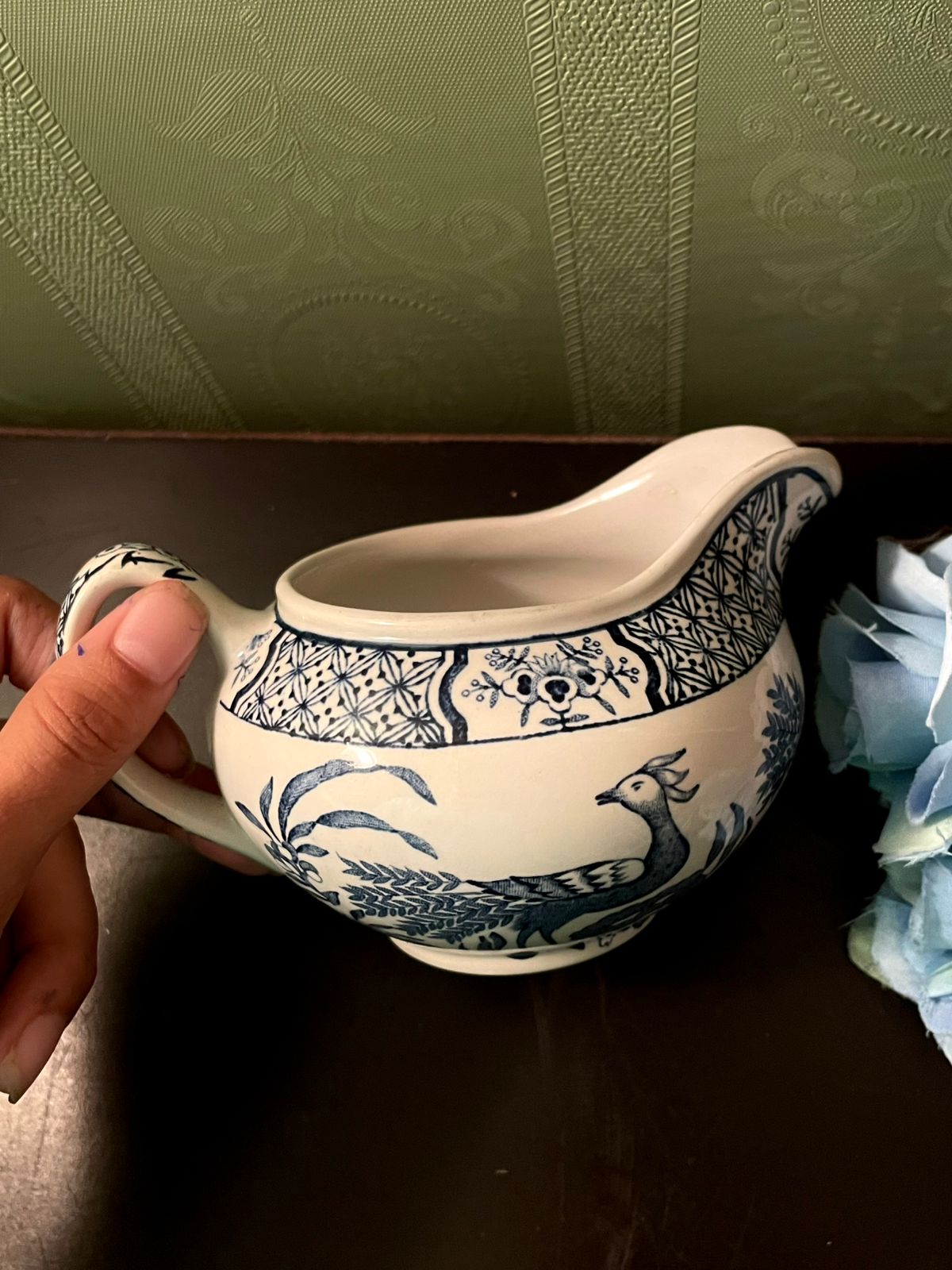 Blue White Ceramic Creamer Jug with Bird Design 3 Inch