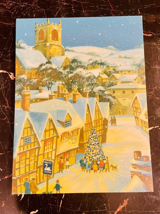 Vintage Winter Village light Canvas Art – Christmas Cottage Scene