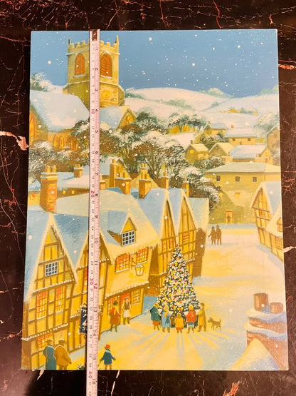 Vintage Winter Village light Canvas Art – Christmas Cottage Scene
