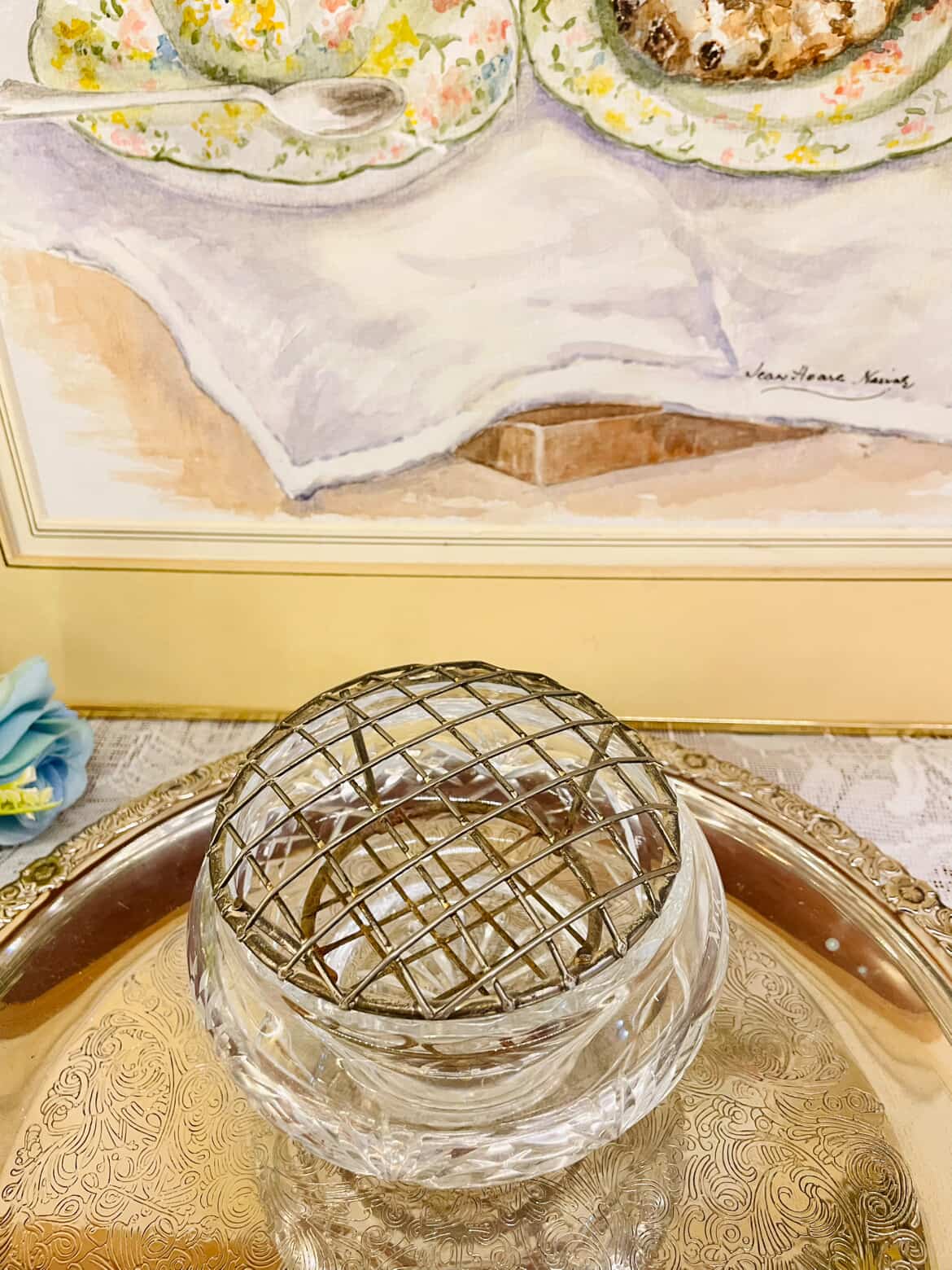 Vintage Cut Glass Rose Bowl with Metal Frog Lid