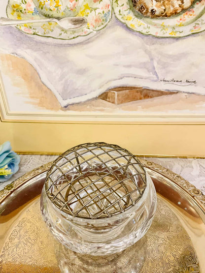 Vintage Cut Glass Rose Bowl with Metal Frog Lid