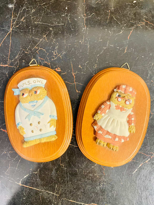 Vintage Owl Wall Plaque Set – Rustic Wooden Cottage Decor