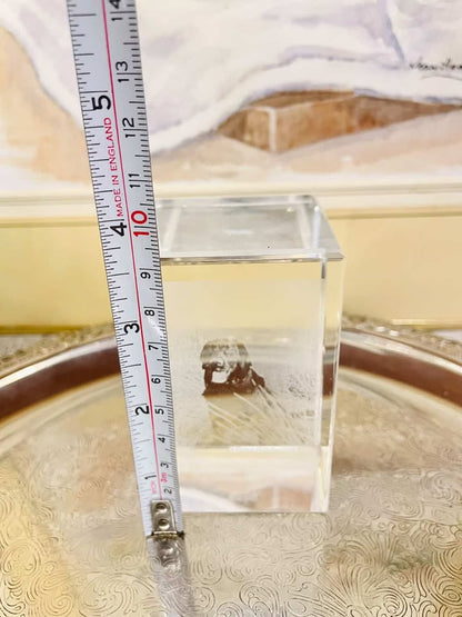 Vintage Crystal Cube Dog Paperweight – 3D Etched