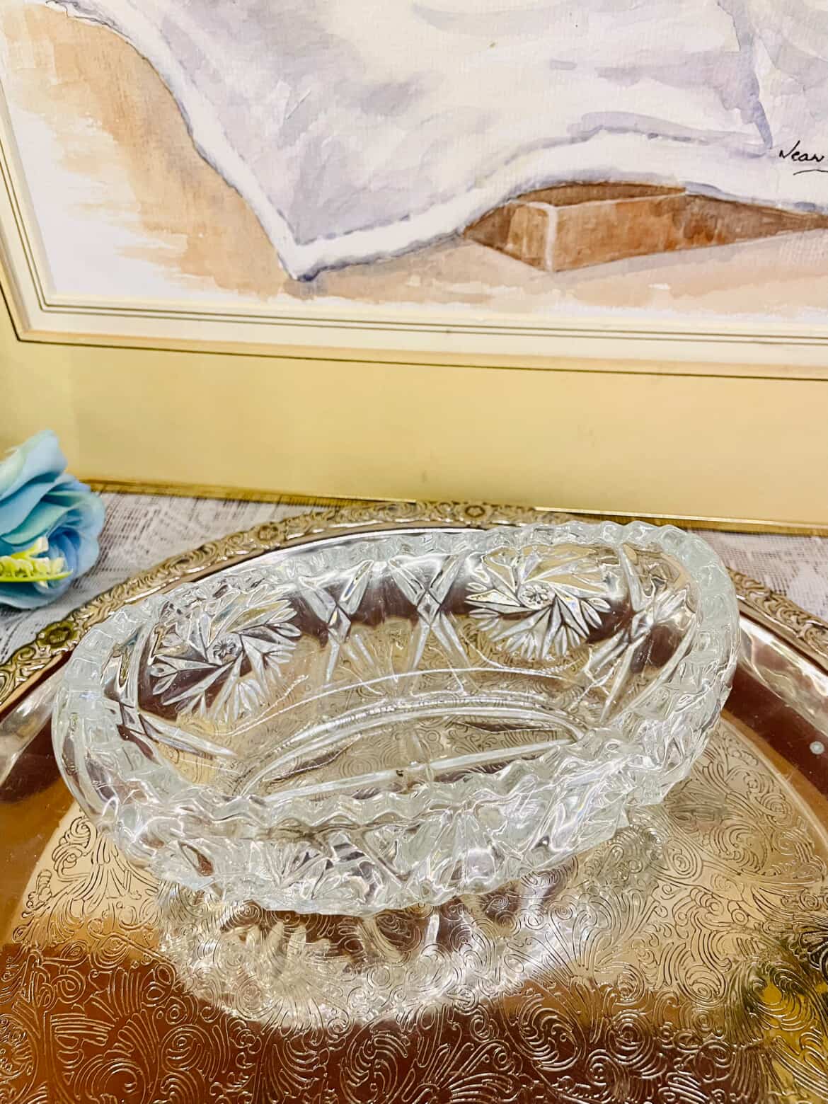 Vintage Oval Cut Glass Divided Dish – Starburst Crystal