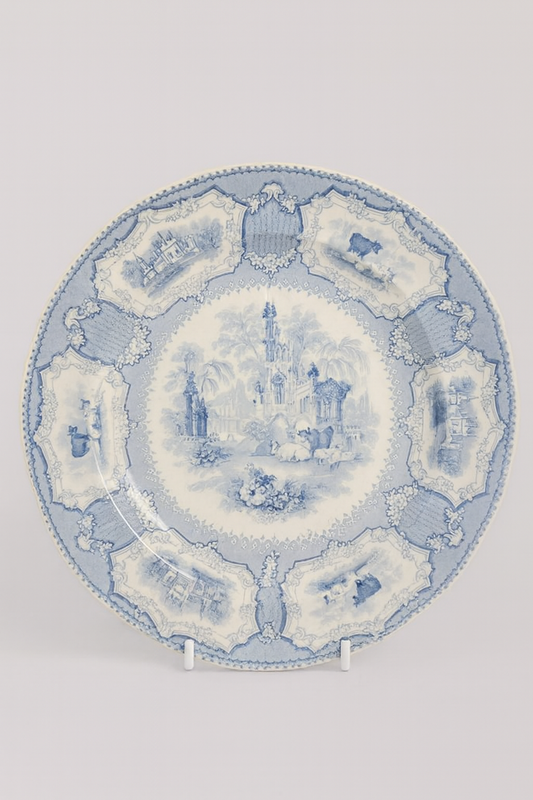 1840s English Blue and White Transfer Earthenware Arcadia Decor Plate 11 inches