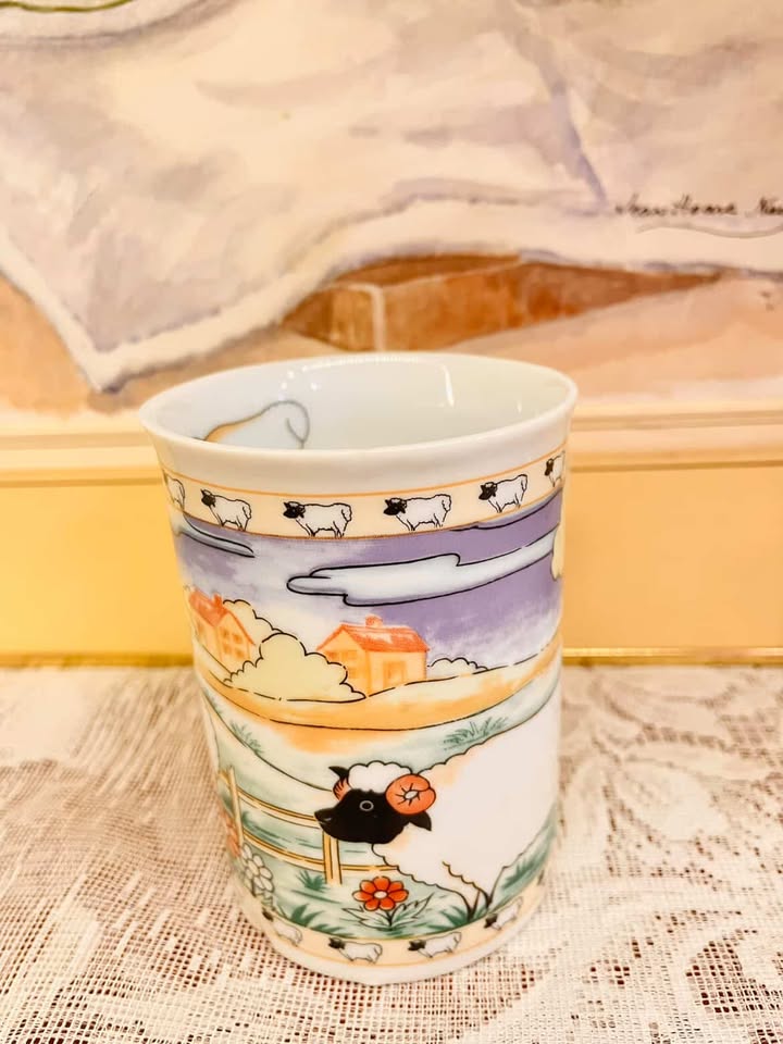 Vintage Sheep Print Ceramic Mug Set – Farmhouse Style
