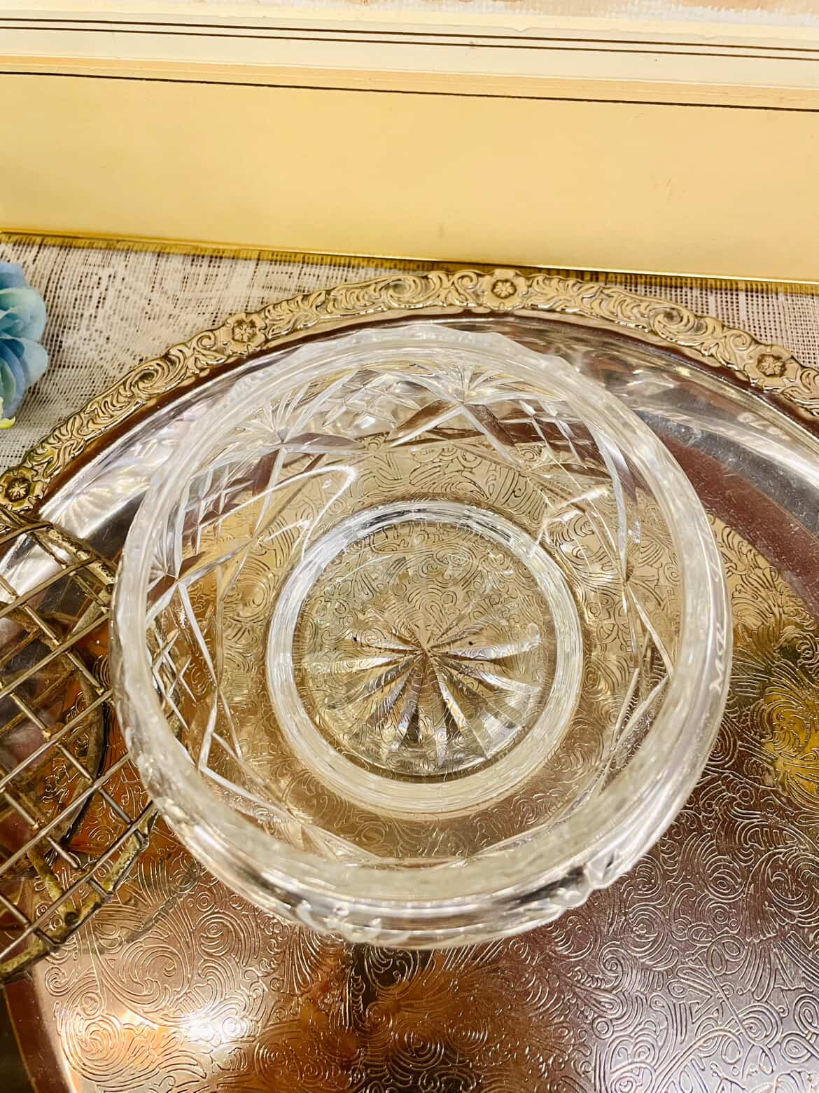 Vintage Cut Glass Rose Bowl with Metal Frog Lid