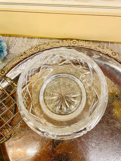 Vintage Cut Glass Rose Bowl with Metal Frog Lid