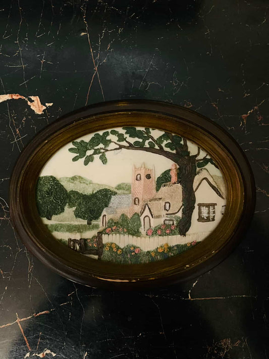 Oval Cottage Scene Embossed Frame – Vintage English Décor