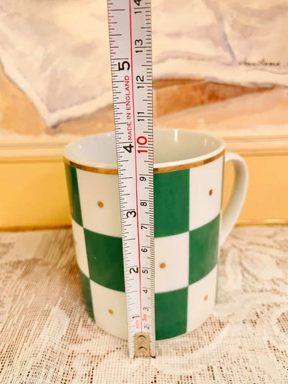 Vintage Green Checkered Porcelain Mug Set – Cottage Style