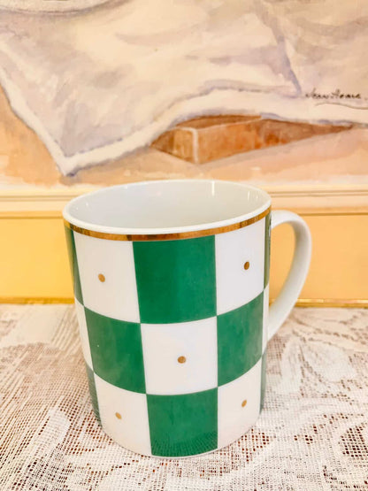 Vintage Green Checkered Porcelain Mug Set – Cottage Style