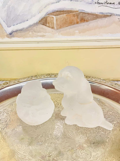 Vintage Frosted Glass Puppy & Chick Figurines Set