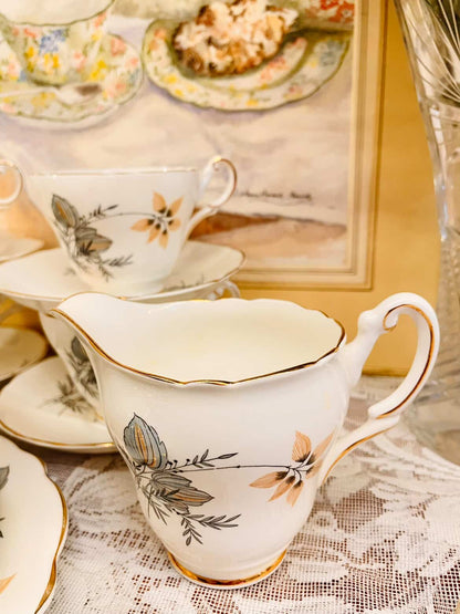 Vintage Floral Tea Set with  6 Cups & Plates – Gold Rim