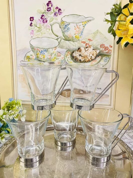 Vintage Glass Coffee Cups with Metal Holders – Set of 5