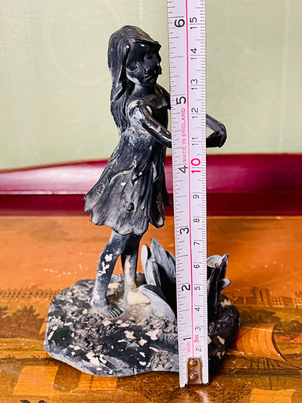 Vintage Girl by Pond Figurine Sculpture 6 Inch