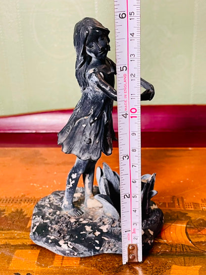 Vintage Girl by Pond Figurine Sculpture 6 Inch