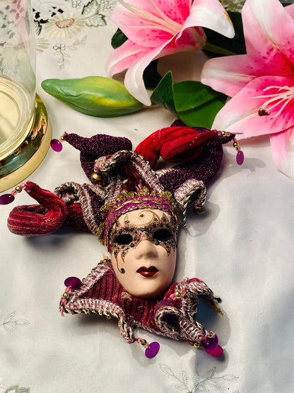 Venetian Jester Mask Wall Hanging Burgundy & Gold 17 cm