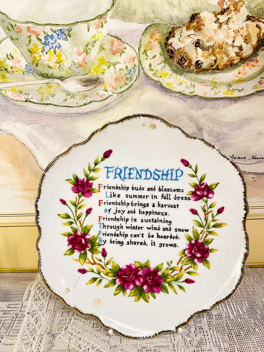 Vintage Friendship Floral Decorative Plate with Gold Trim