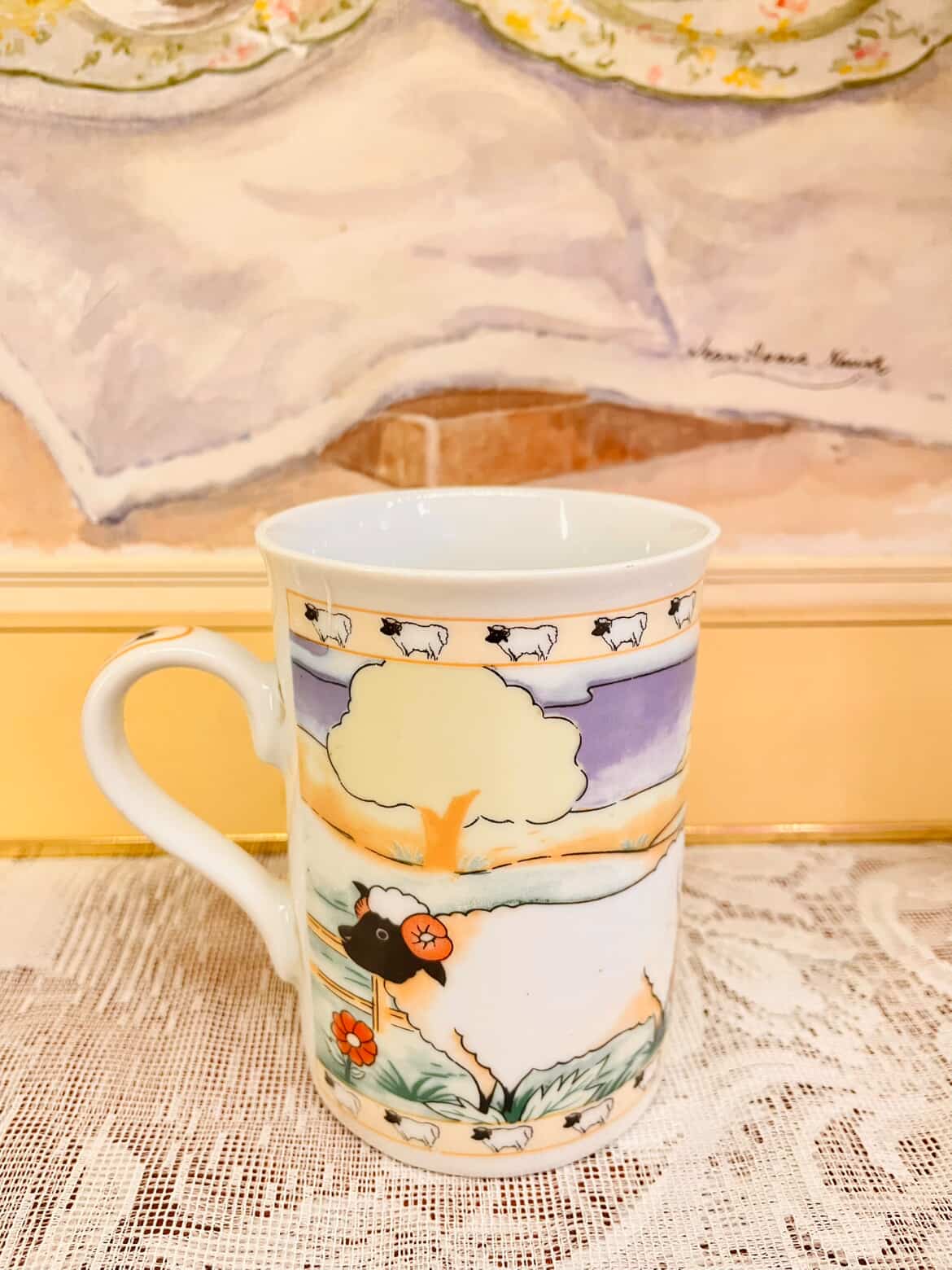 Vintage Sheep Print Ceramic Mug Set – Farmhouse Style