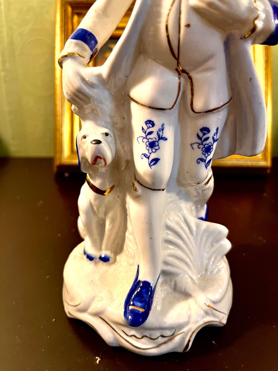 Vintage Blue & White Gentleman with Dog Porcelain Figurine – 10 Inch