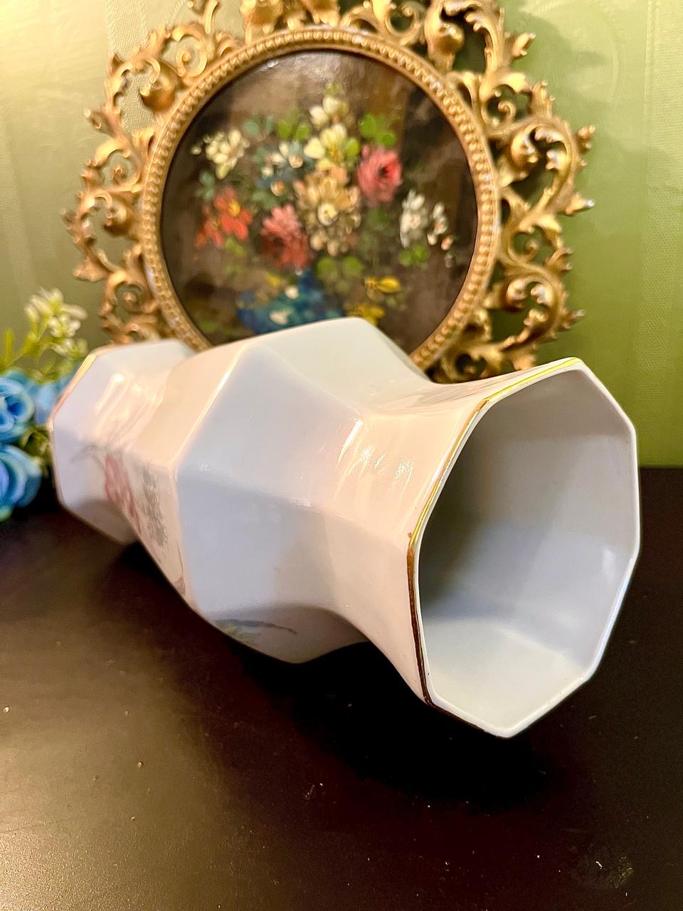Pink Floral Porcelain Vase with Gold Rim