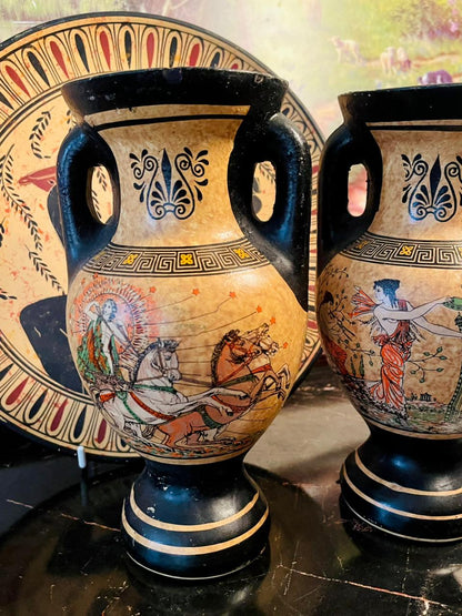 Set of 5 Greek Mythology Hand-Painted Pottery Set – Plate, Vases & Lidded trinket box, Home Decor