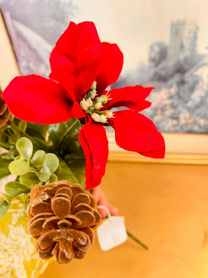 Vintage Red Poinsettia Pine Cone Floral Spray 14"